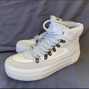 Aqua platform sneakers with extra thick laces and suede details